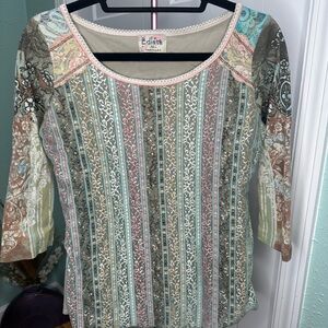 Edista Top Blouse Womens Green Pink Vines Paisley Medium fairycore EUC whimsical